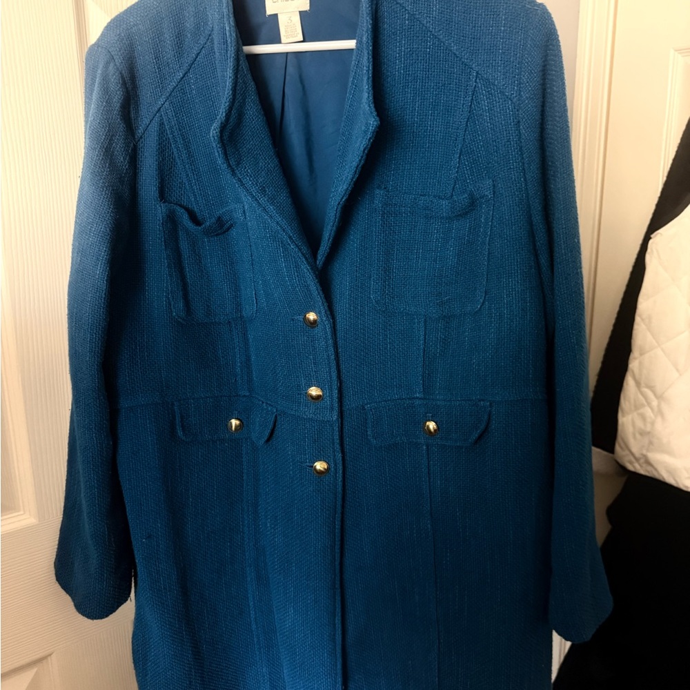 Chico's Teal Textured Blazer with Gold Buttons